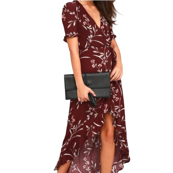 Lulus Wild Winds Burgundy Floral Print High Low Wrap Dress Size S - Picture 7 of 13